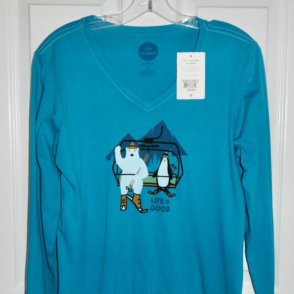 BRAND NEW LIFE IS GOOD LONG SLEEVE WOMENS SHIRT - SKI LIFT - BEAR, PENGUIN - M - Picture 1 of 2